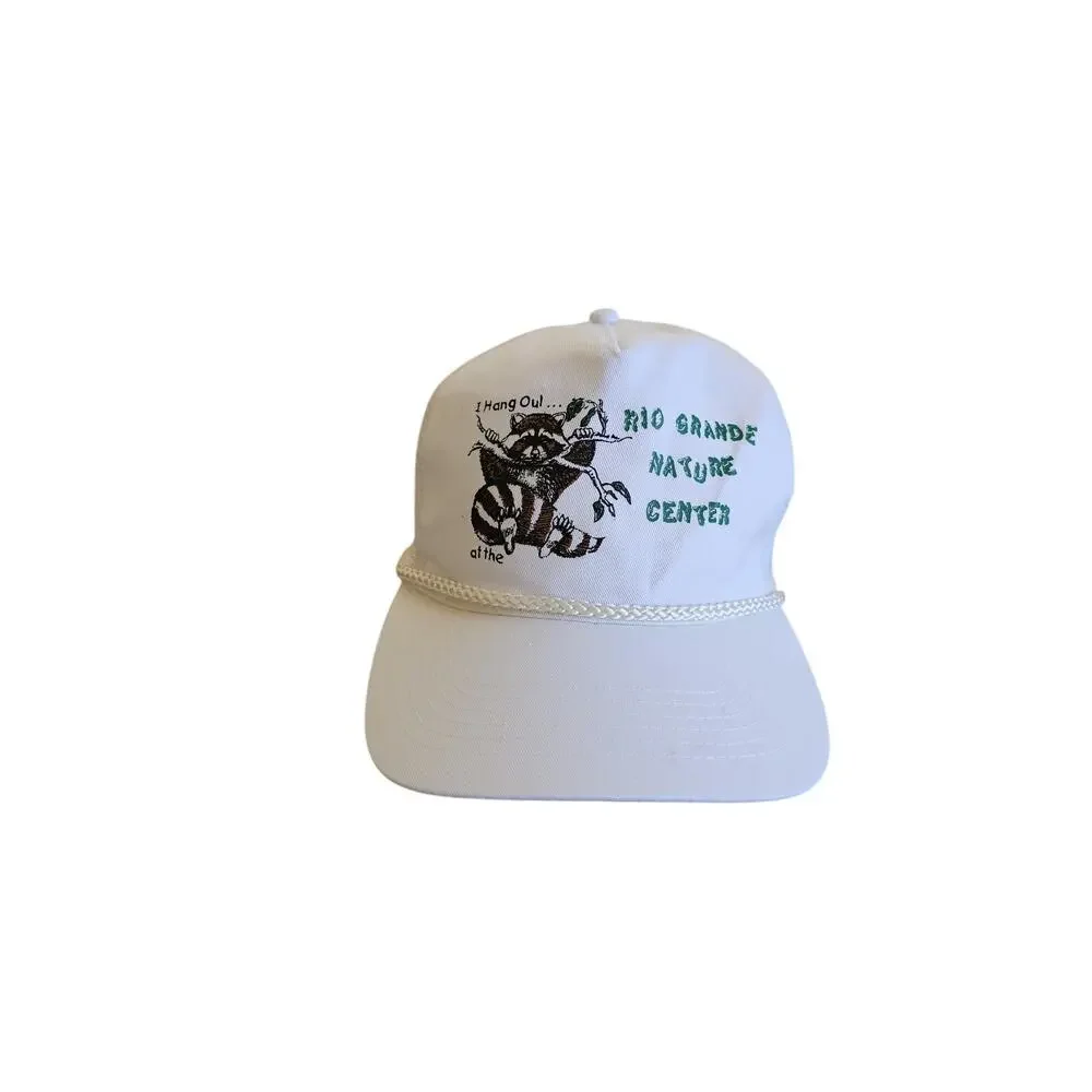 Racoon Hat, Rio Grande Nature Center Cap, Golf Rope, White Snapback 1980s